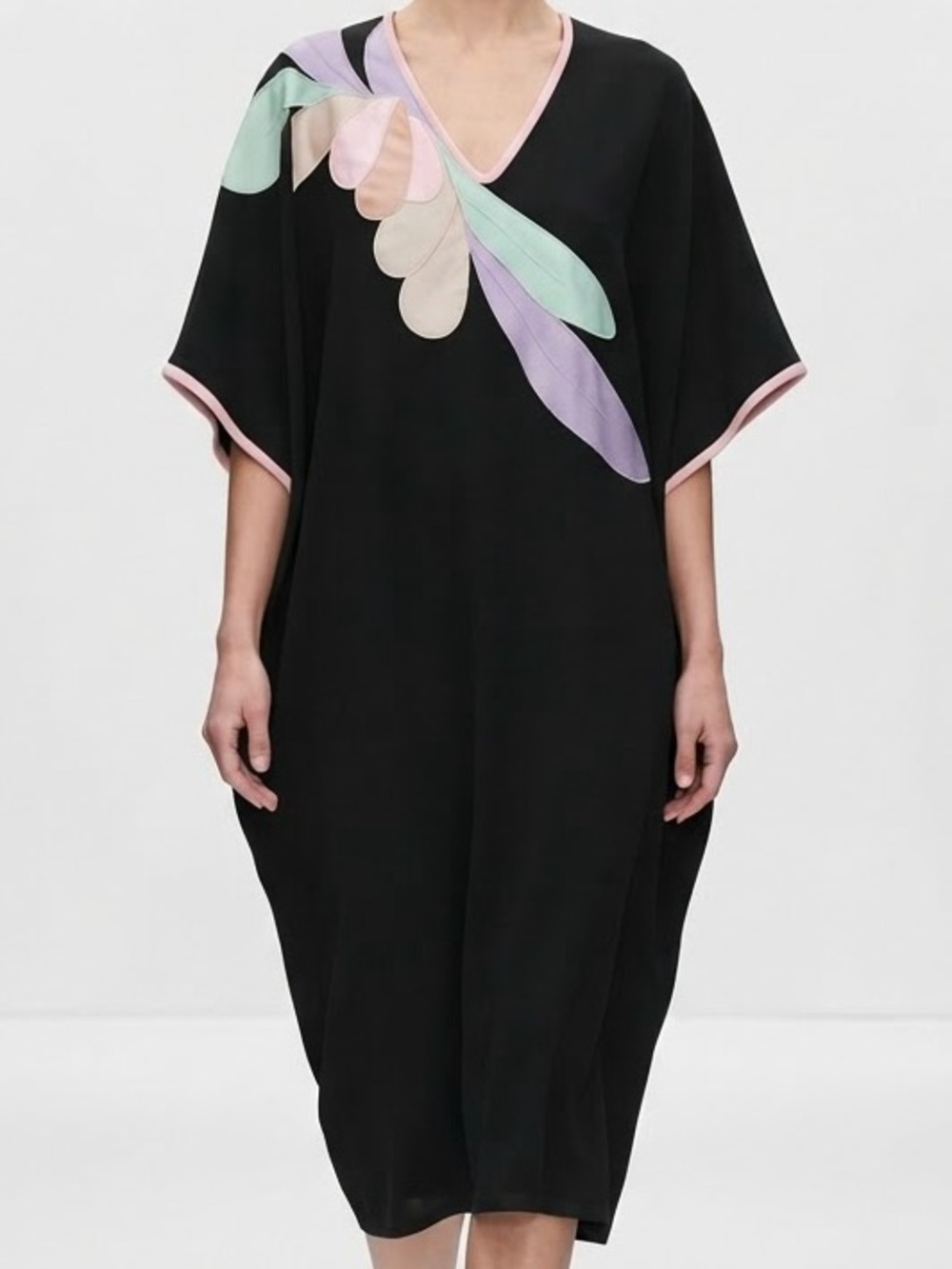 Natori Black kaftan with Pastel Petal Appliqué